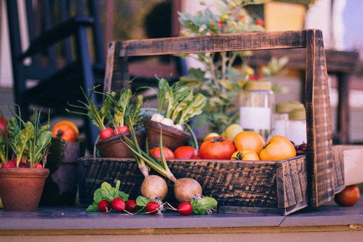 Display basket of fruits and vegetables